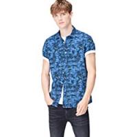 FIND Camicia con Stampa Tropicale a Manica Corta Regular Fit Uomo, Blu (Blue Palm), Large