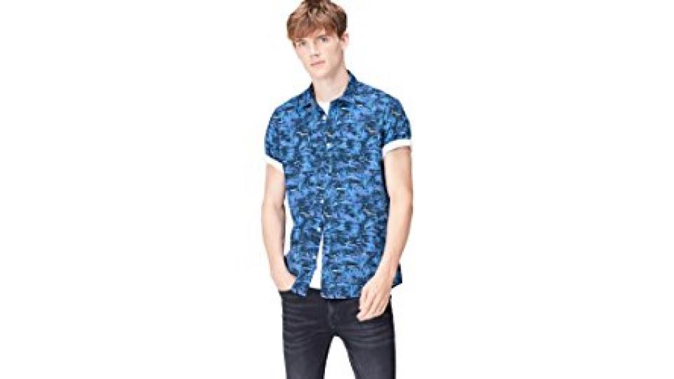 FIND Camicia con Stampa Tropicale a Manica Corta Regular Fit Uomo, Blu (Blue Palm), Large