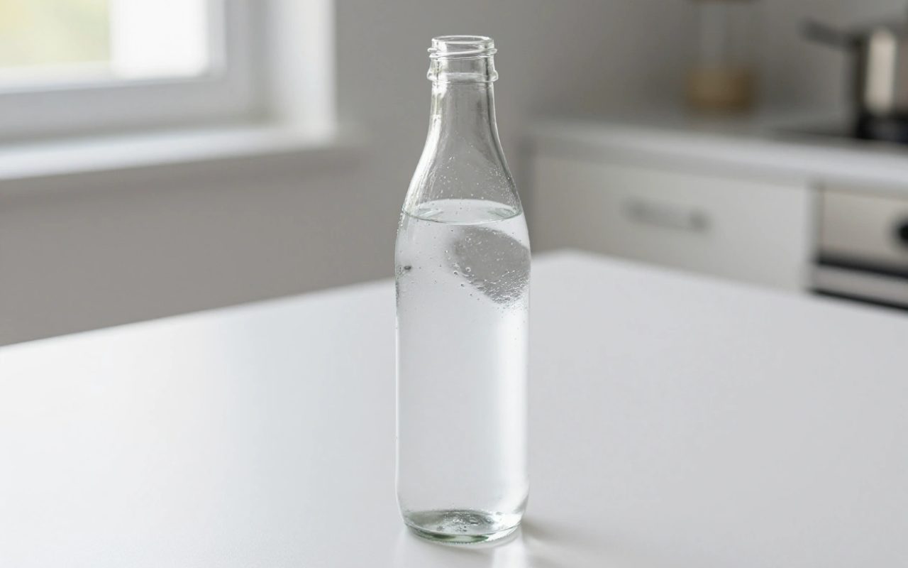 Bottiglia di vetro di acqua naturale senza marca su un tavolo di cucina con luce naturale.