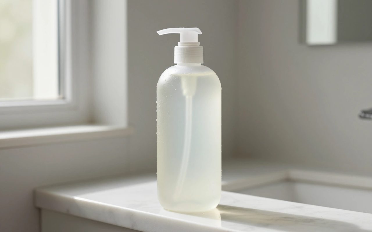 Flacone di bagnoschiuma generico su un ripiano di marmo in bagno con luce naturale.