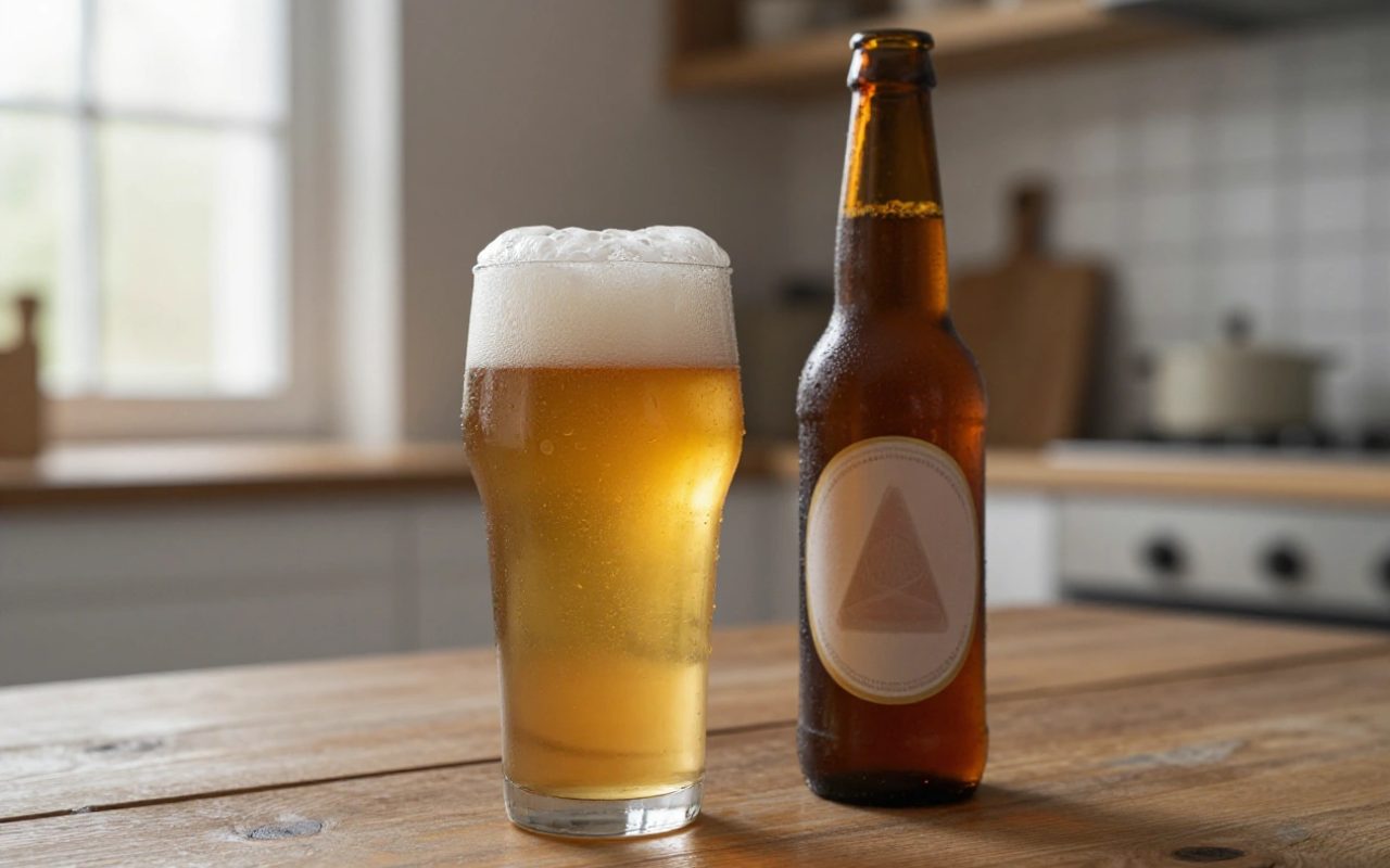 Un bicchiere di birra fresca con schiuma e una bottiglia senza etichetta su un tavolo di legno.