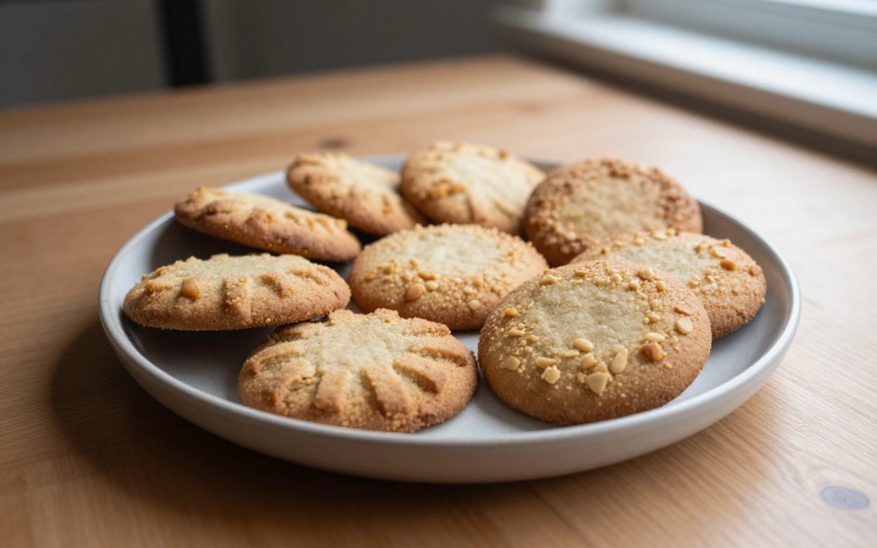 Piatto di biscotti da colazione su un tavolo di legno in una cucina illuminata dalla luce naturale.
