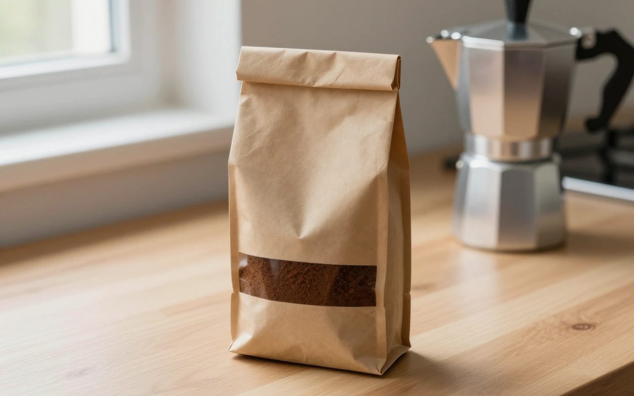 Caffè macinato in un sacchetto di carta accanto a una moka su un tavolo di legno con luce naturale.