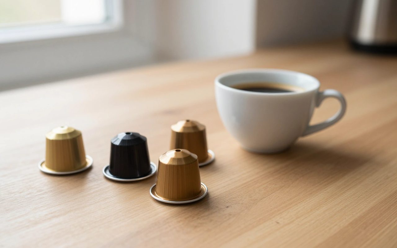 Capsule di caffè su un tavolo di legno accanto a una tazzina di espresso con luce naturale.