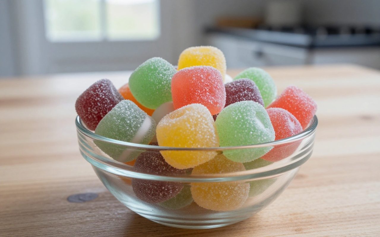 Varietà di caramelle dure e colorate in una ciotola di vetro su un tavolo di legno.