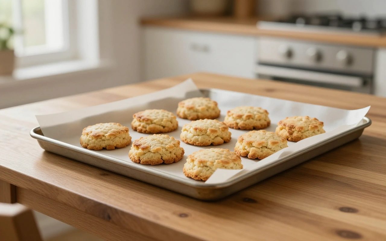 Teglia foderata di carta da forno con biscotti dorati appoggiati su un tavolo di cucina illuminato da luce naturale.