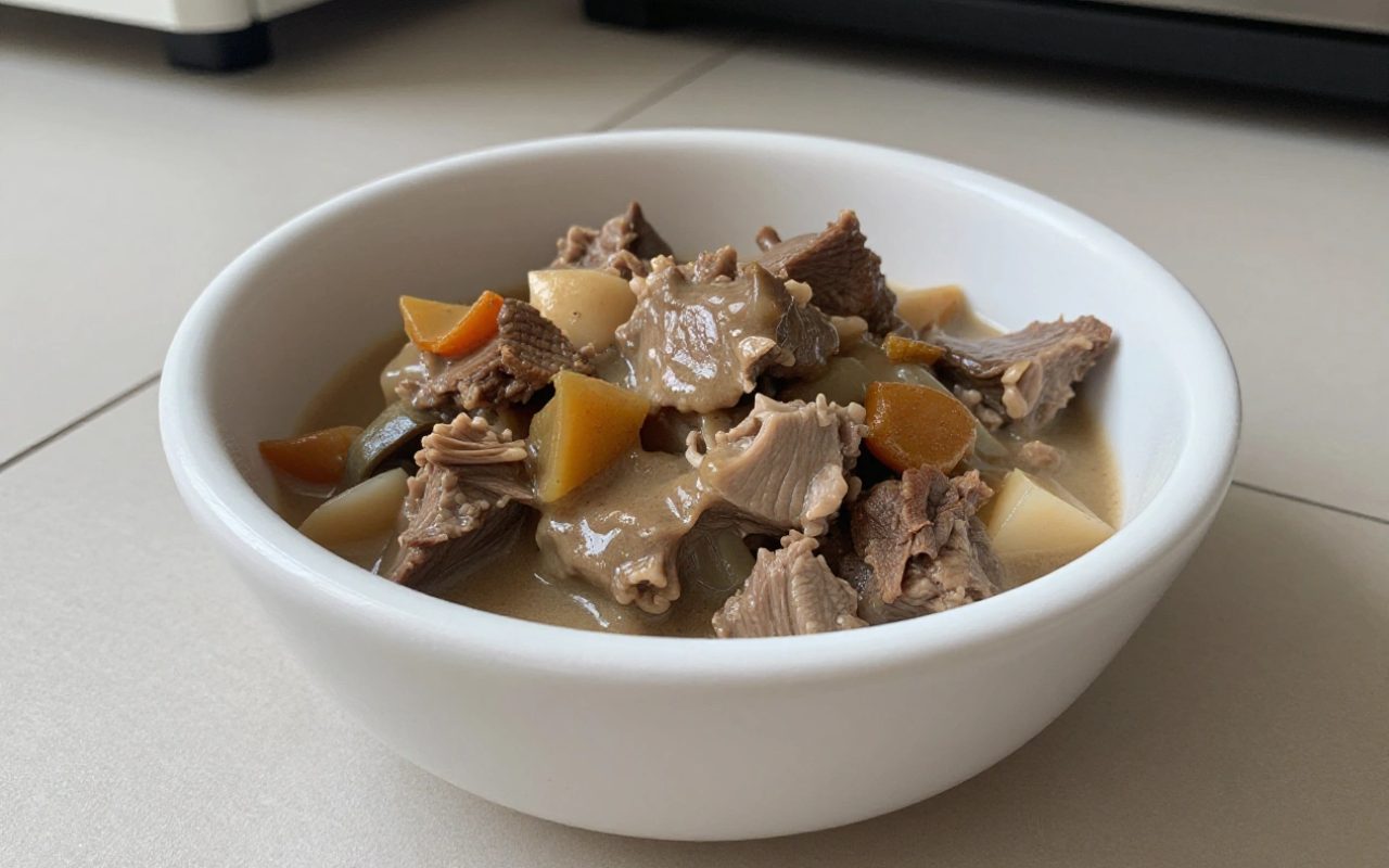 Cibo umido per cani con carne e verdure servito in una ciotola di ceramica.