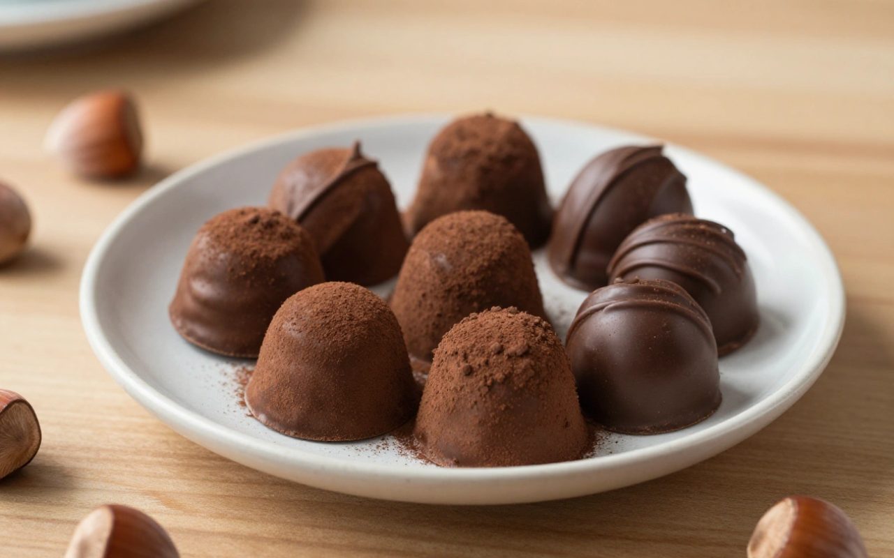 Assortimento di cioccolatini e praline su un piatto di ceramica su un tavolo di legno.