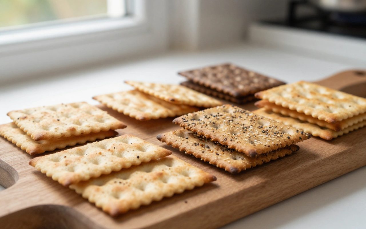 Assortimento di cracker classici e integrali su un tagliere di legno in una cucina luminosa.
