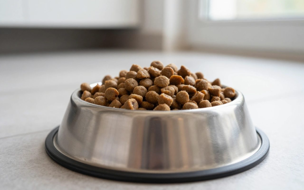 Crocchette per cani in una ciotola di acciaio su un pavimento di cucina.