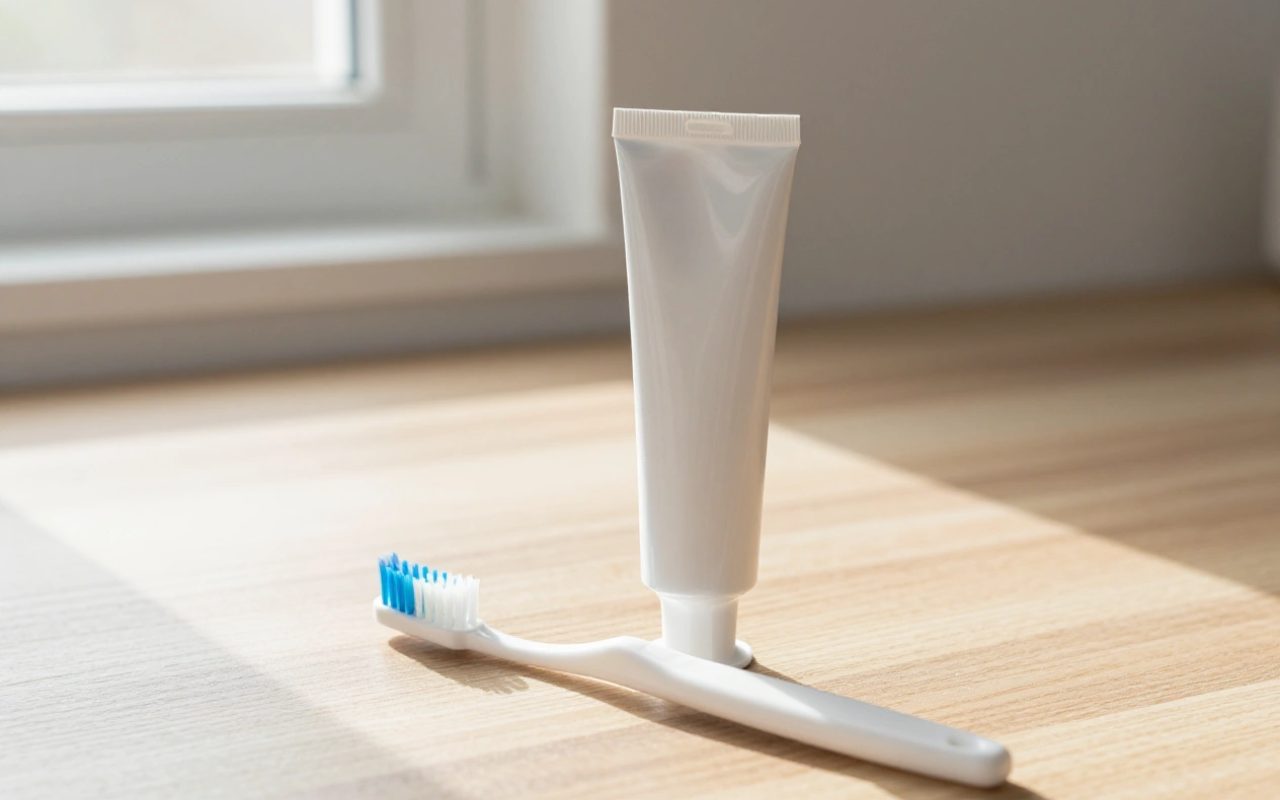 Tubetto di dentifricio generico e spazzolino su un tavolo in legno con luce naturale.