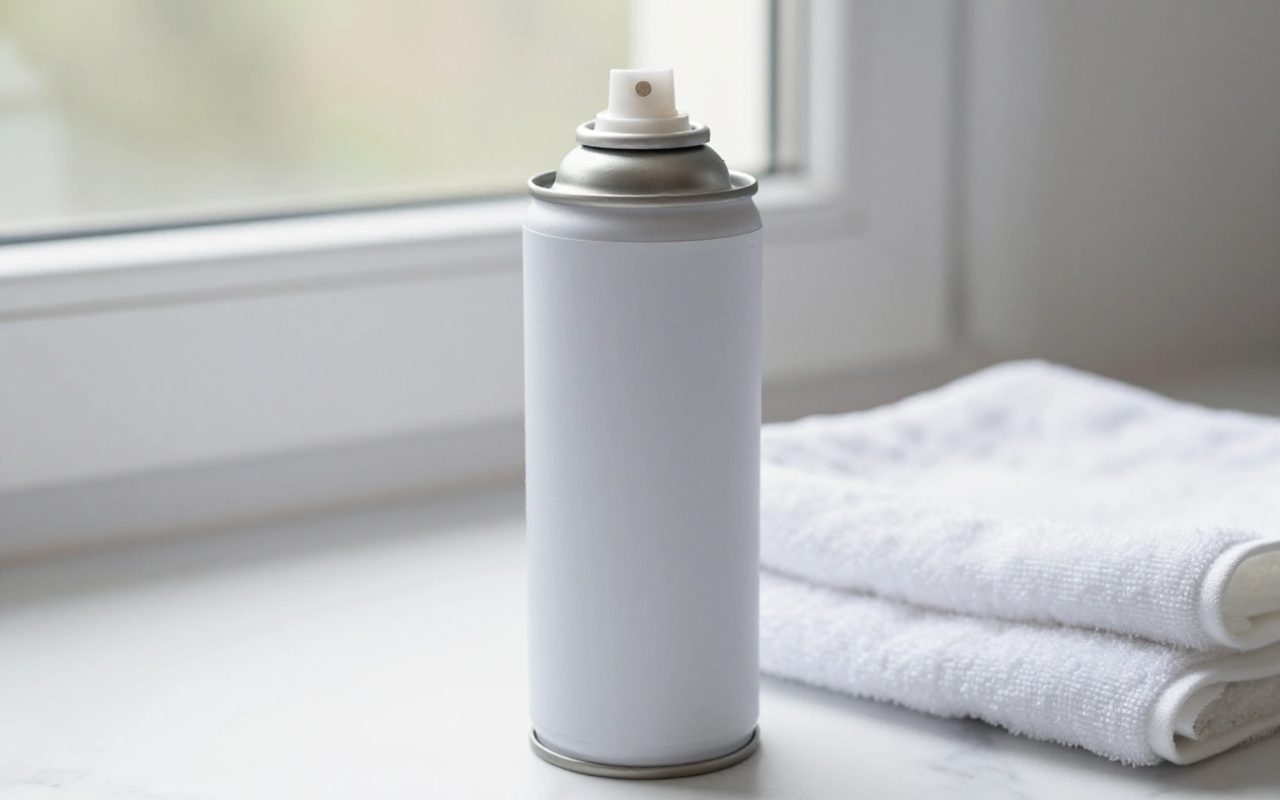 Deodorante spray generico senza marca su un piano di marmo bianco.