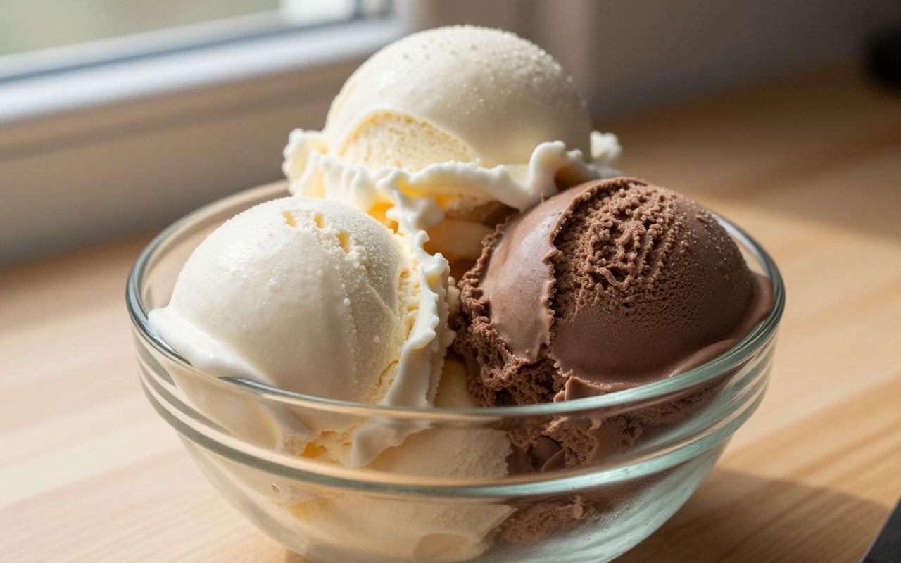 Una ciotola di gelato alla crema e cioccolato su un tavolo di legno con luce naturale.