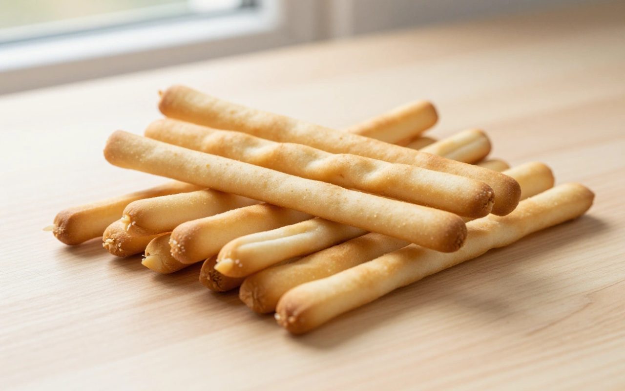 Grissini classici generici su un tavolo di legno con luce naturale.