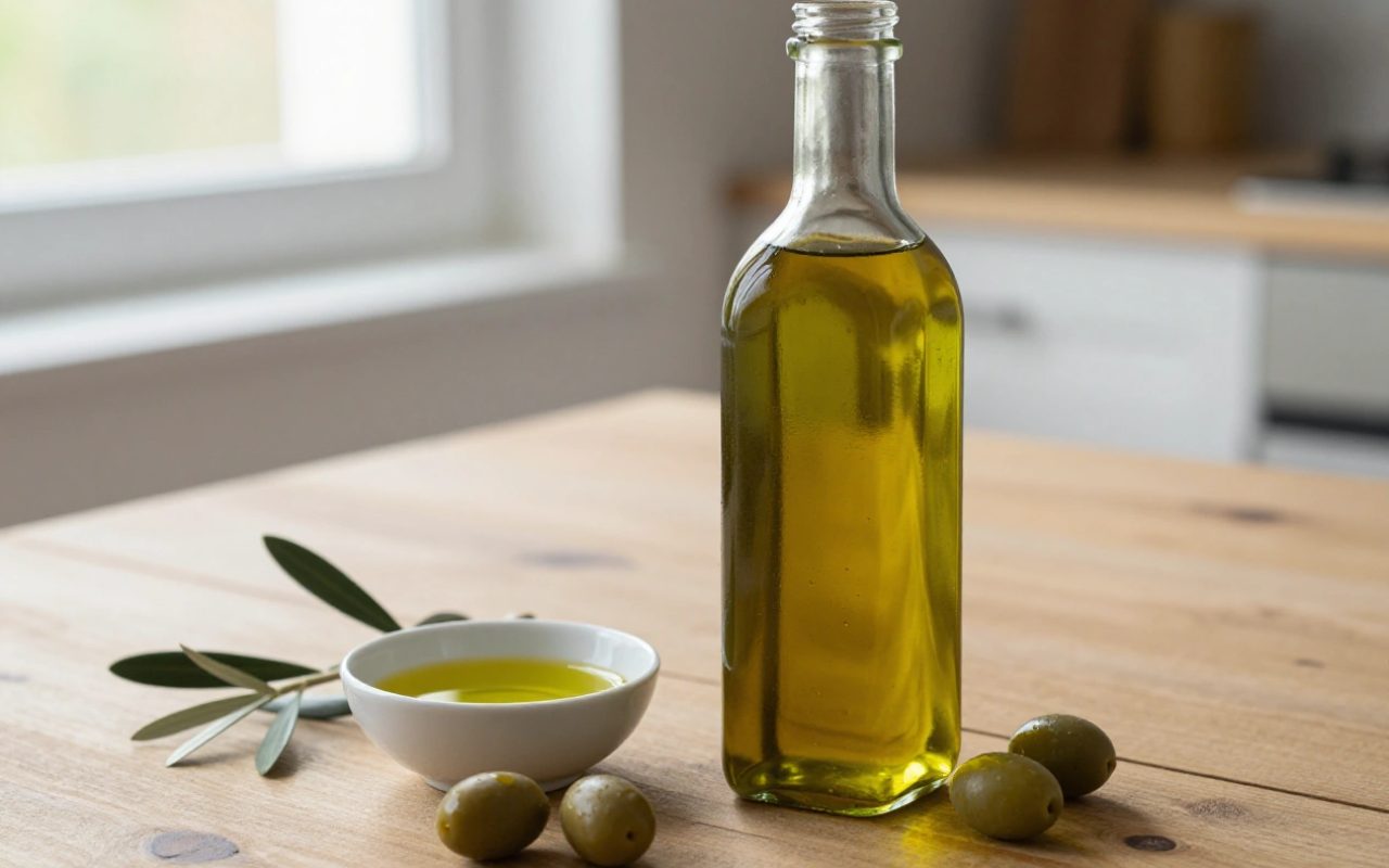 Bottiglia di olio extravergine di oliva con ciotola e olive su un tavolo di legno.