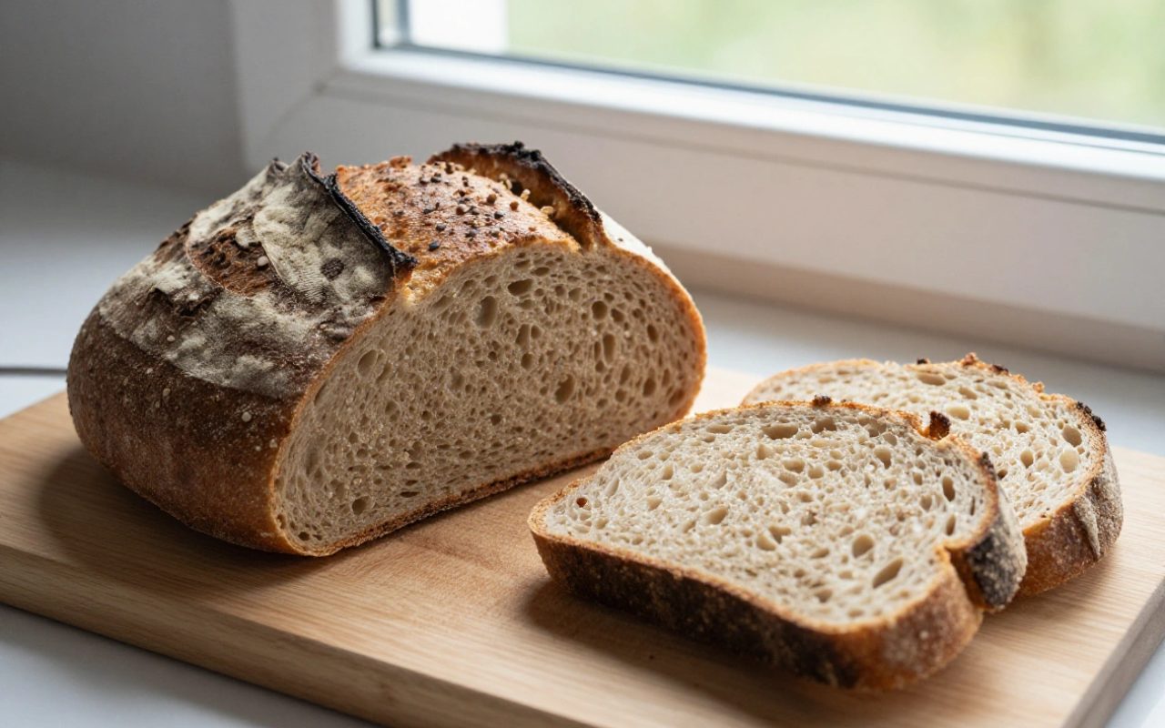 Pagnotta di pane rustico e fette di pane integrale su un tagliere di legno con luce naturale.
