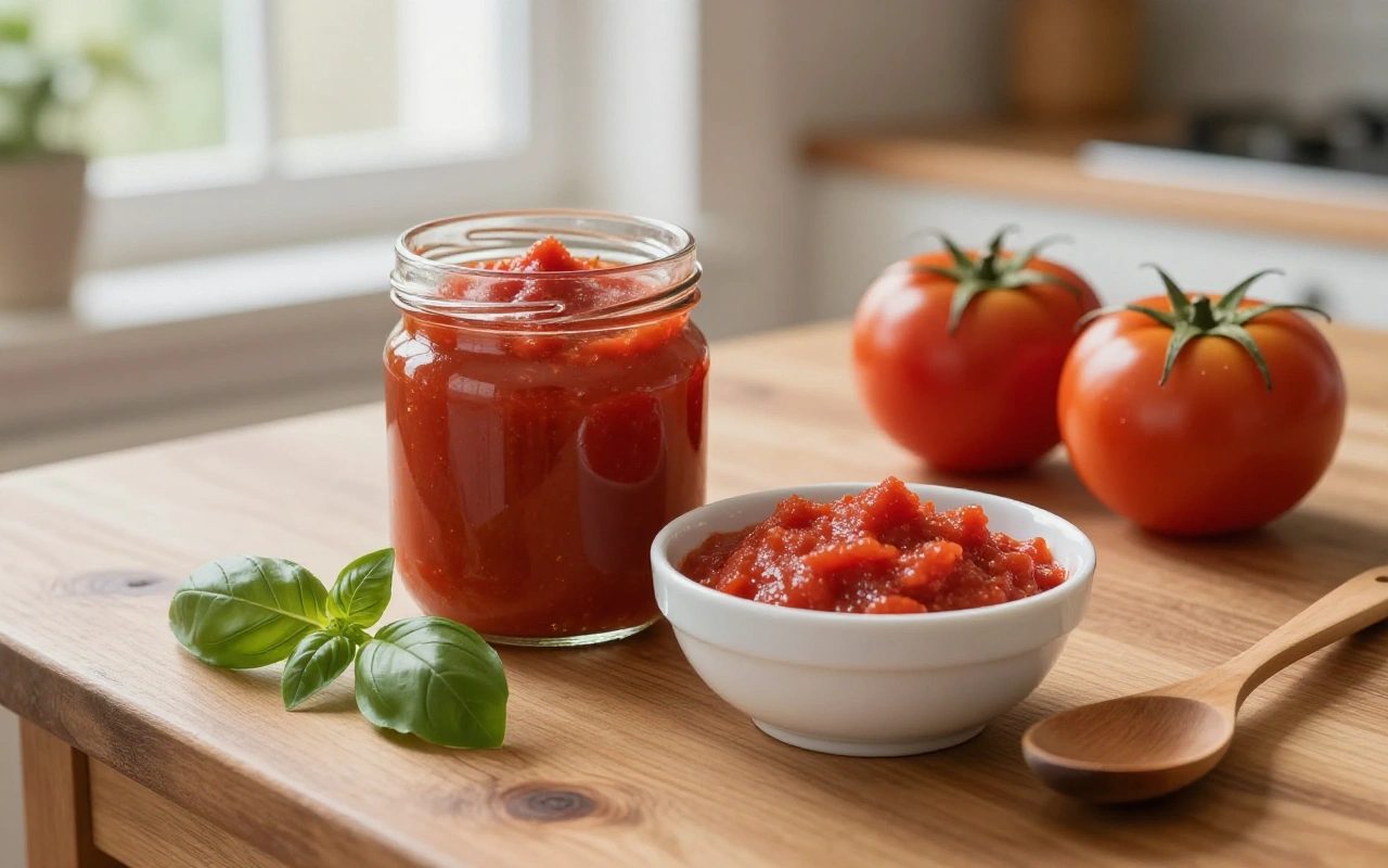 Vasetto e ciotola di passata di pomodoro su un tavolo di legno, con pomodori freschi e basilico vicino alla luce di una finestra.