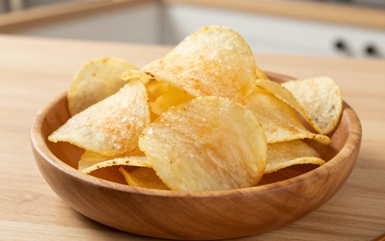 Patatine fritte croccanti in una ciotola di legno su un tavolo di cucina.
