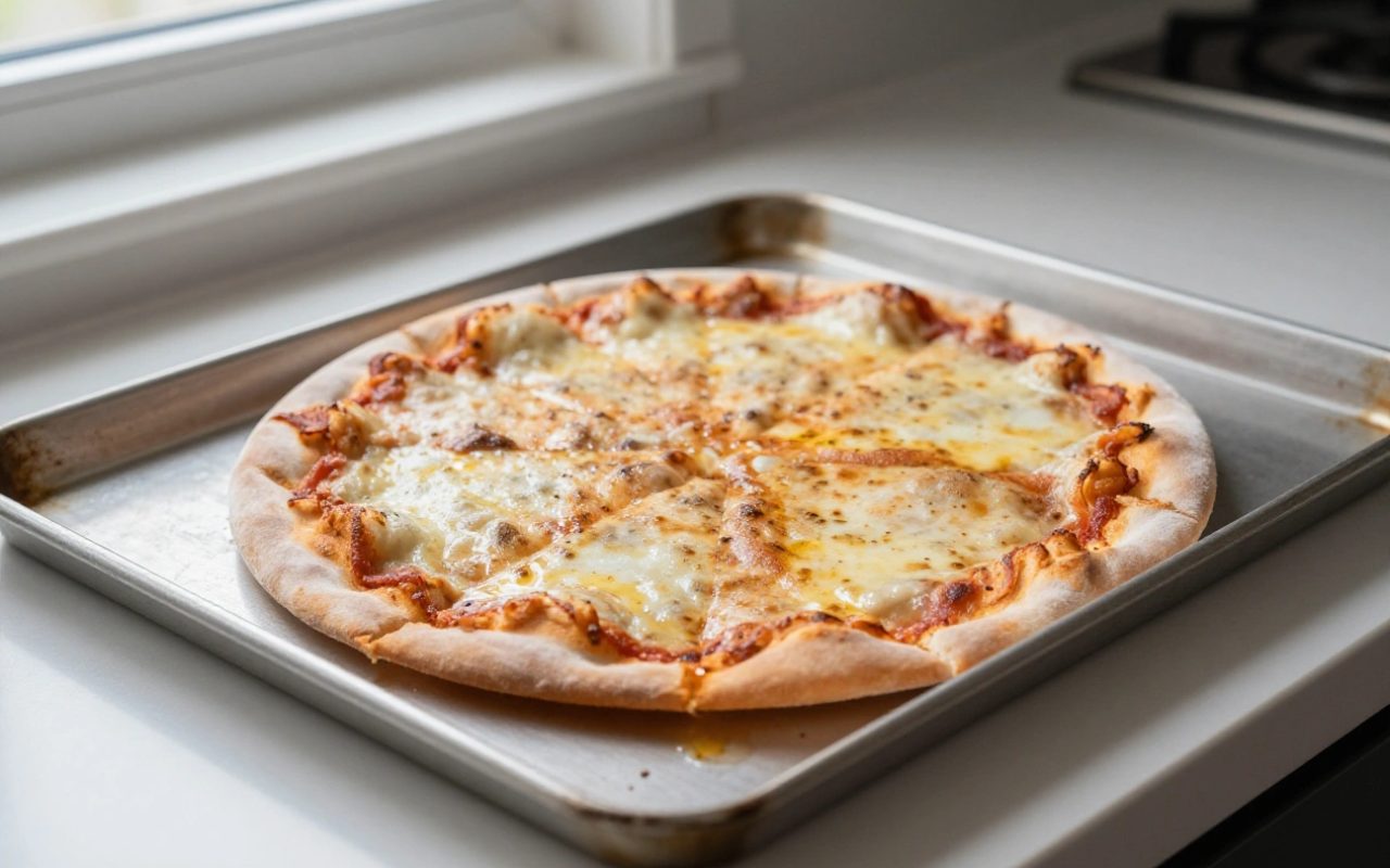 Pizza surgelata generica su una teglia in un ambiente cucina con luce naturale.