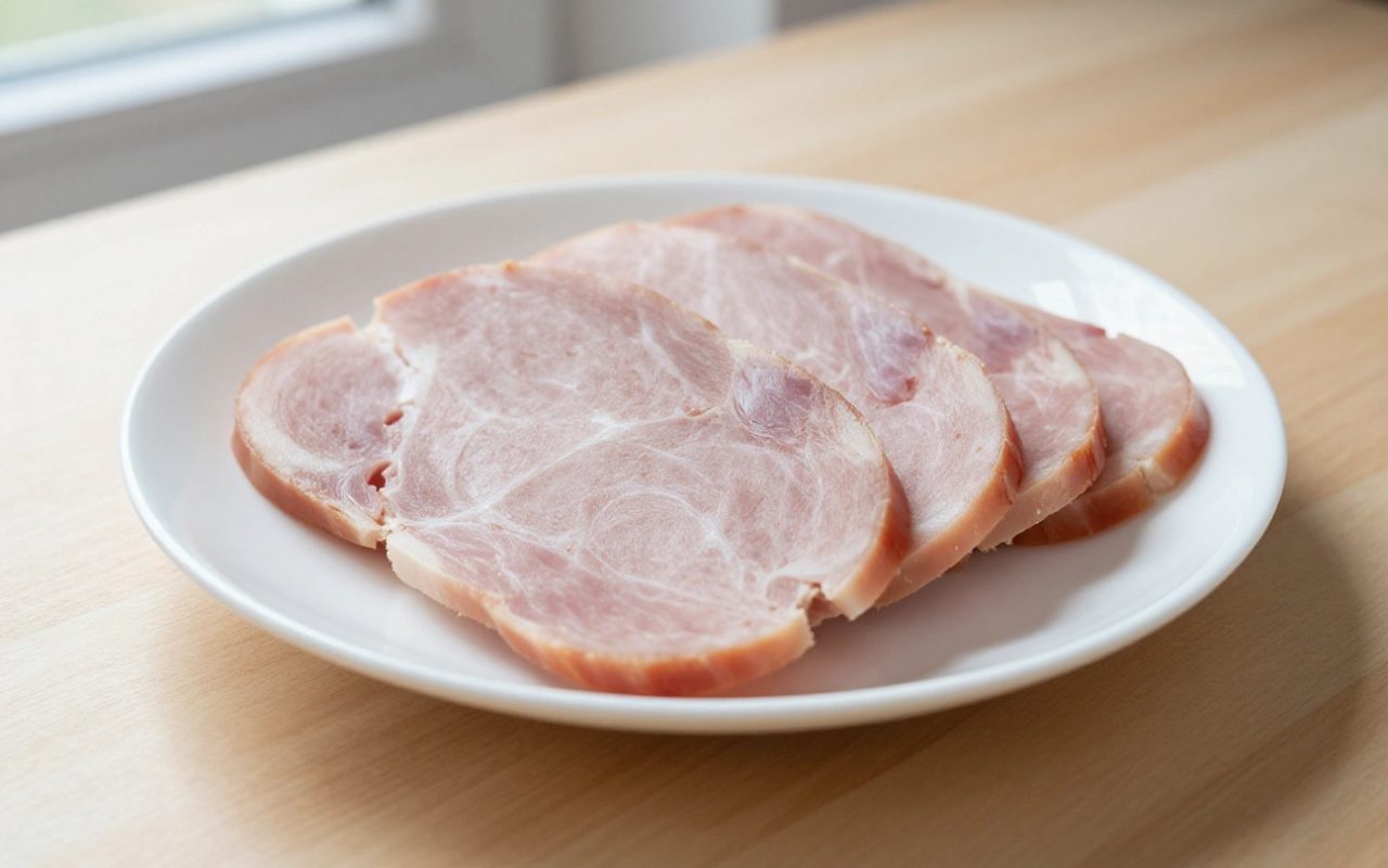 Fette di prosciutto cotto generico su un piatto bianco con luce naturale.