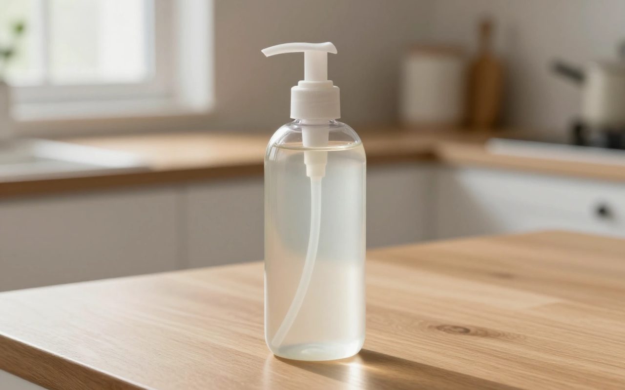 Flacone di shampoo generico senza marca su un tavolo di legno con luce naturale.