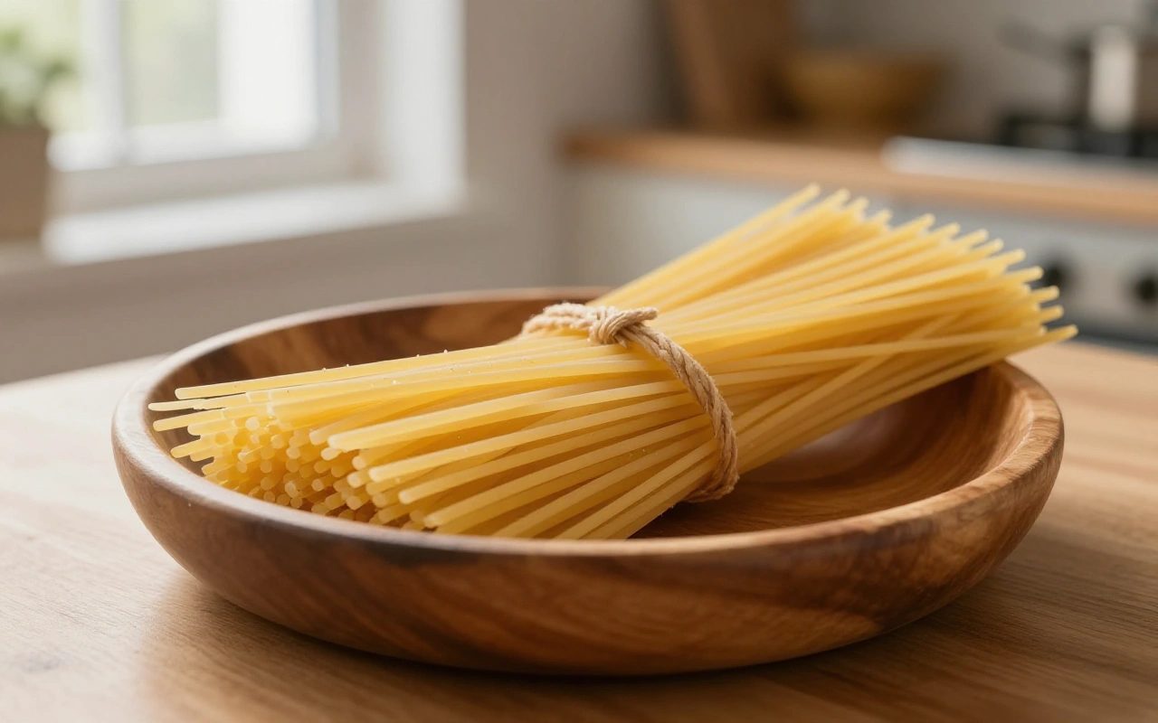 Spaghetti di pasta secca cruda in una ciotola di legno su un tavolo di cucina illuminato dalla luce naturale.