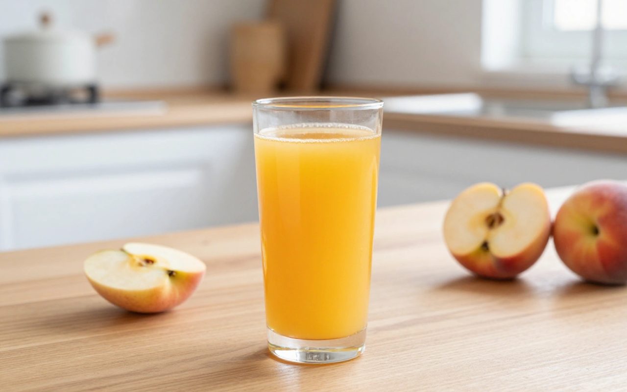 Bicchiere di succo di frutta su un tavolo di legno in cucina con luce naturale.