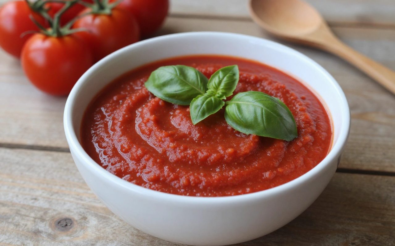 Ciotola di sugo di pomodoro con basilico fresco su un tavolo di legno in cucina.