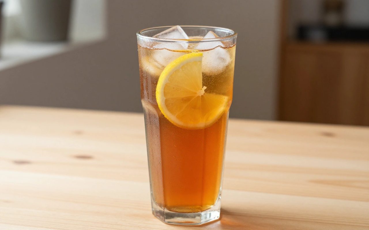 Bicchiere di tè freddo con ghiaccio e limone su un tavolo di legno.