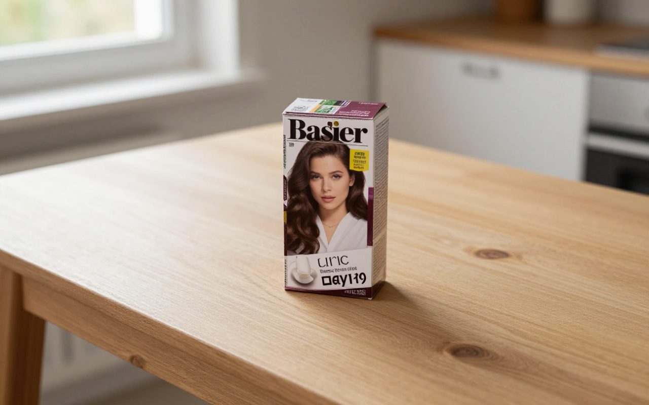 Kit di tinta per capelli generico appoggiato su un tavolo di legno con luce naturale.