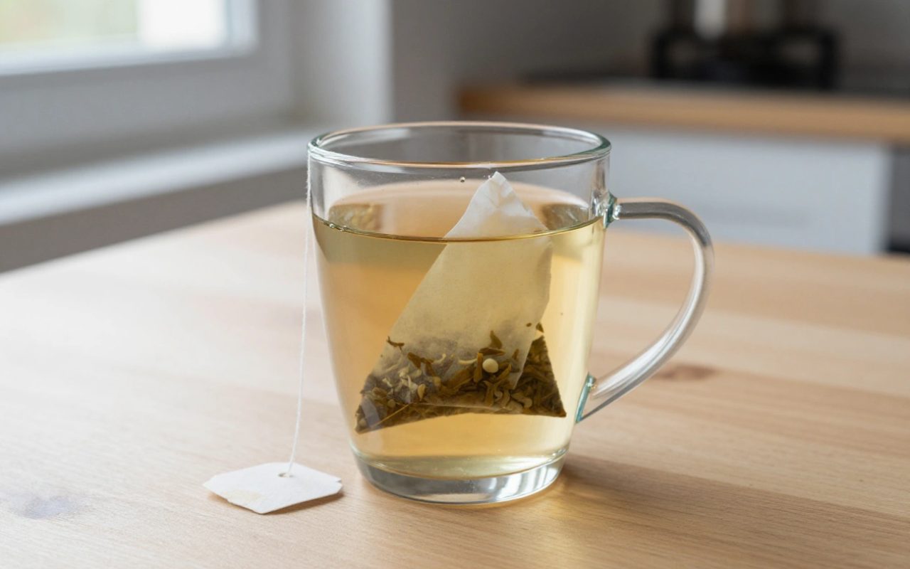 Tazza di vetro con tisana calda e bustina su un tavolo di legno con luce naturale.
