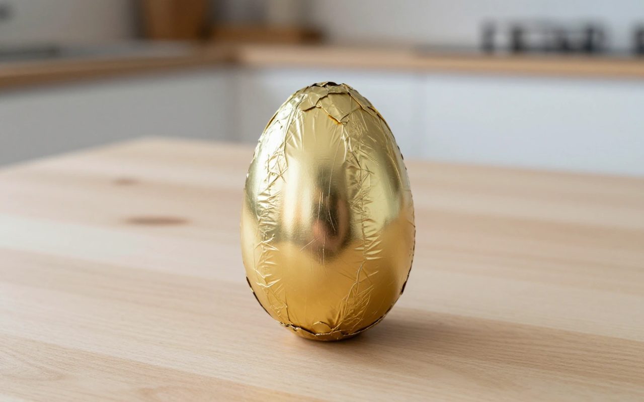 Uovo di Pasqua in carta stagnola dorata su un tavolo di legno con luce naturale.