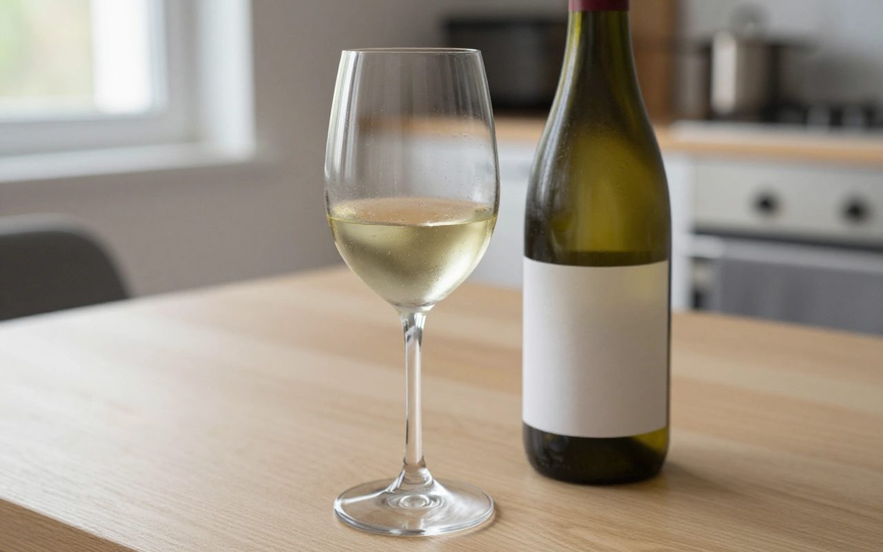 Un calice di vino bianco ghiacciato e una bottiglia senza etichetta su un tavolo di legno con luce naturale.