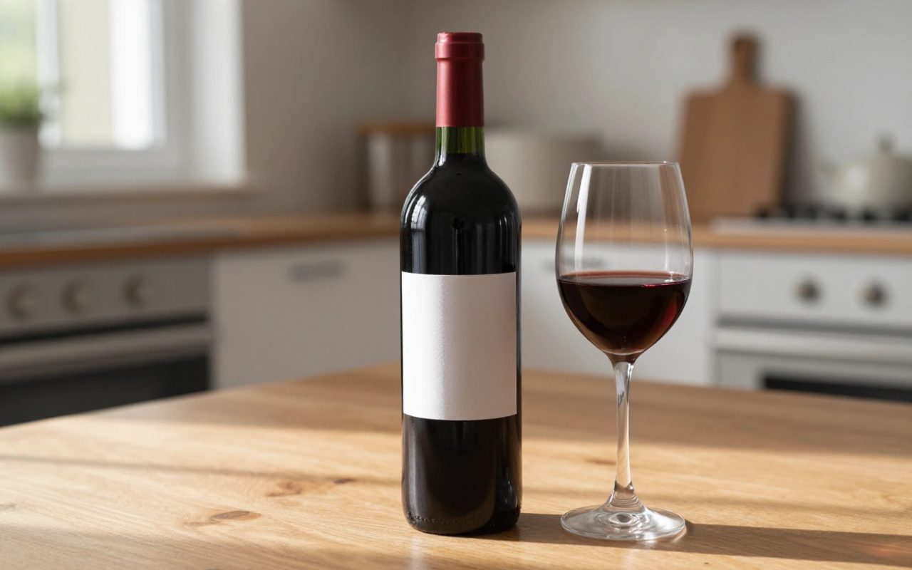 Bottiglia di vino rosso e un calice su un tavolo di legno in una cucina illuminata dalla luce naturale.