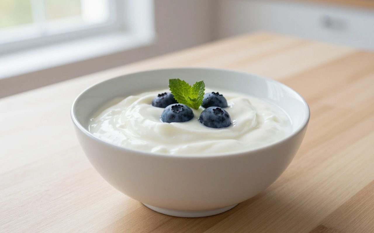 Ciotola di yogurt bianco cremoso con mirtilli su un tavolo di legno in cucina.