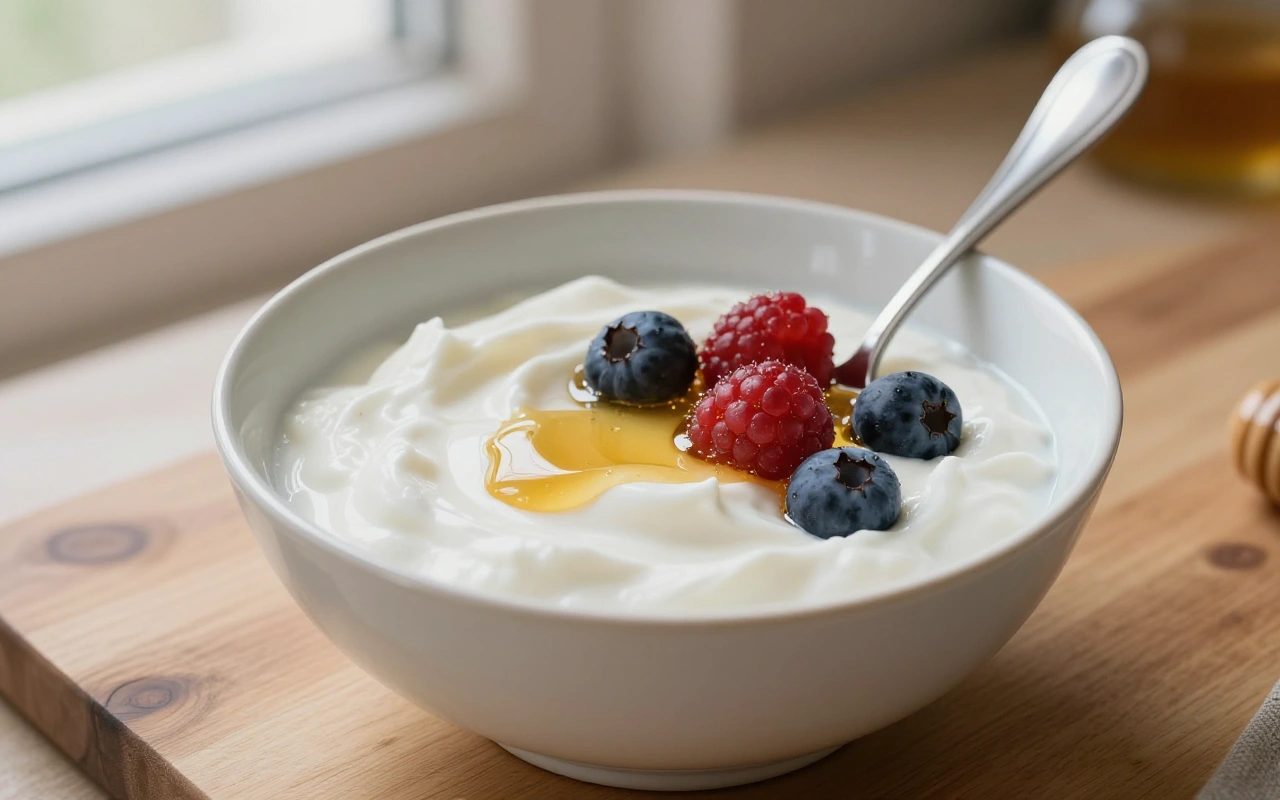 Ciotola di yogurt greco bianco e denso con frutti di bosco e un filo di miele su un tavolo di legno
