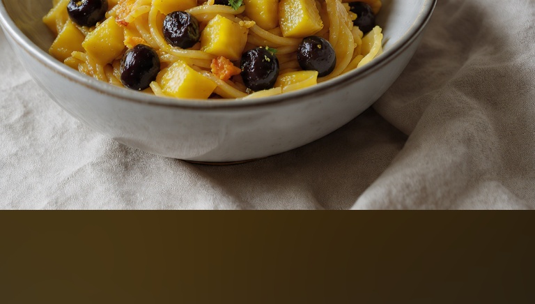 Pasta con melanzane, olive e mandorle