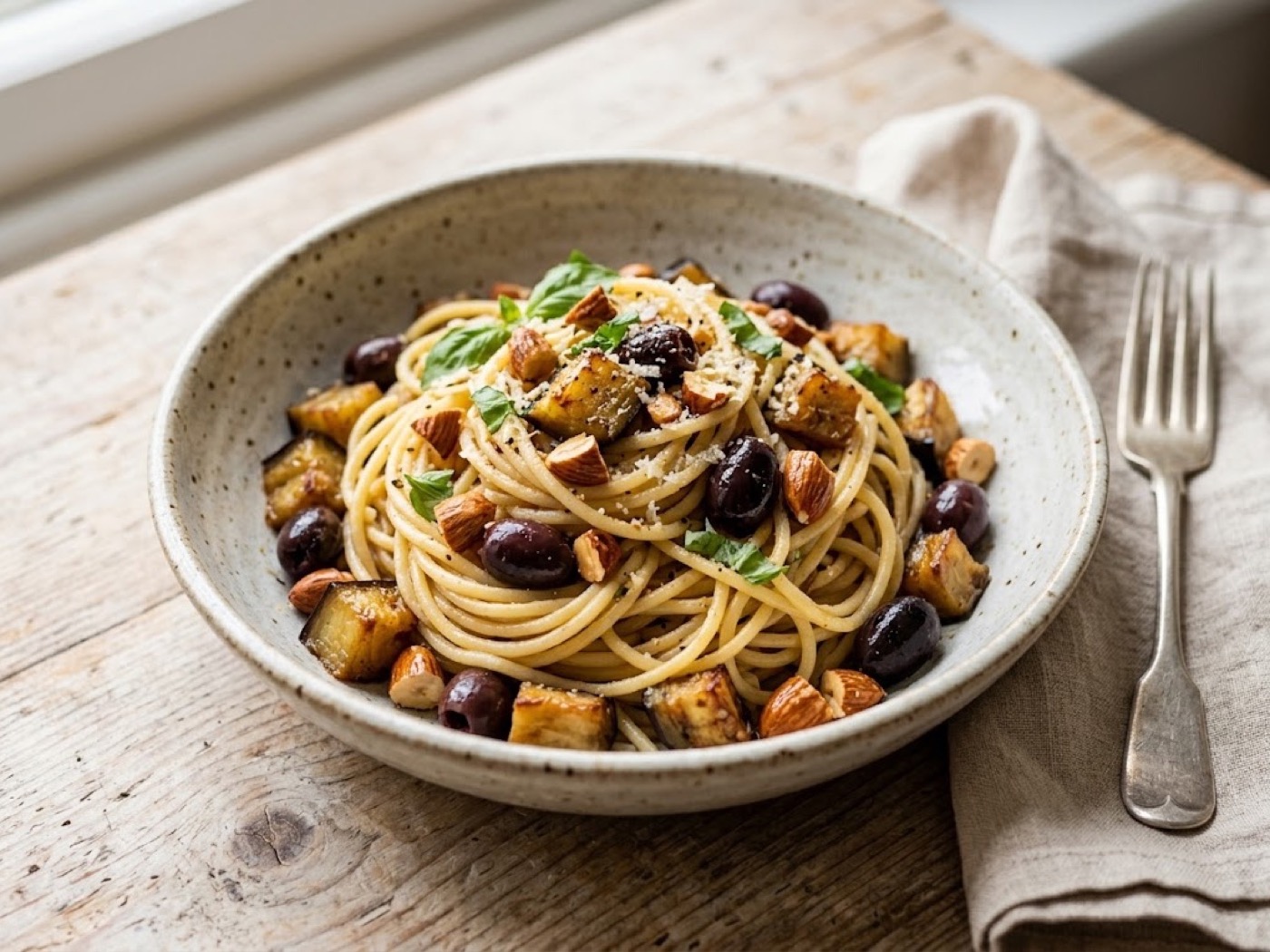Pasta con melanzane, olive e mandorle