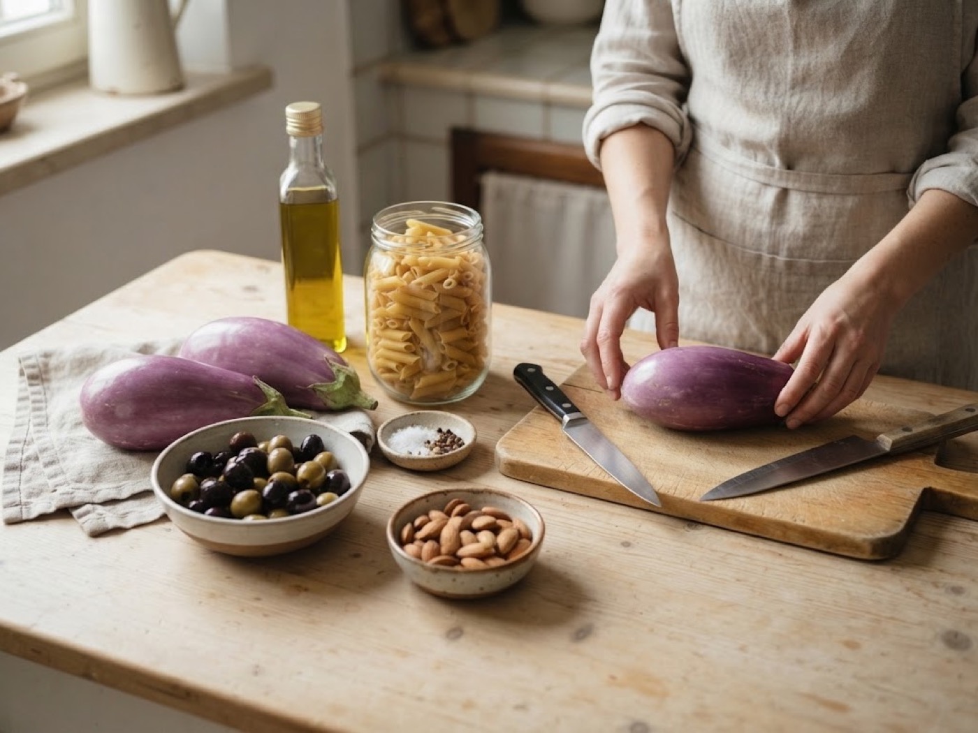 Pasta con melanzane, olive e mandorle, passaggio 1