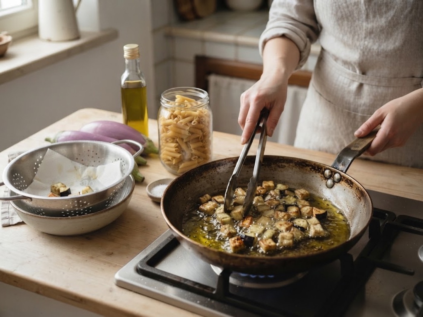 Pasta con melanzane, olive e mandorle, passaggio 2