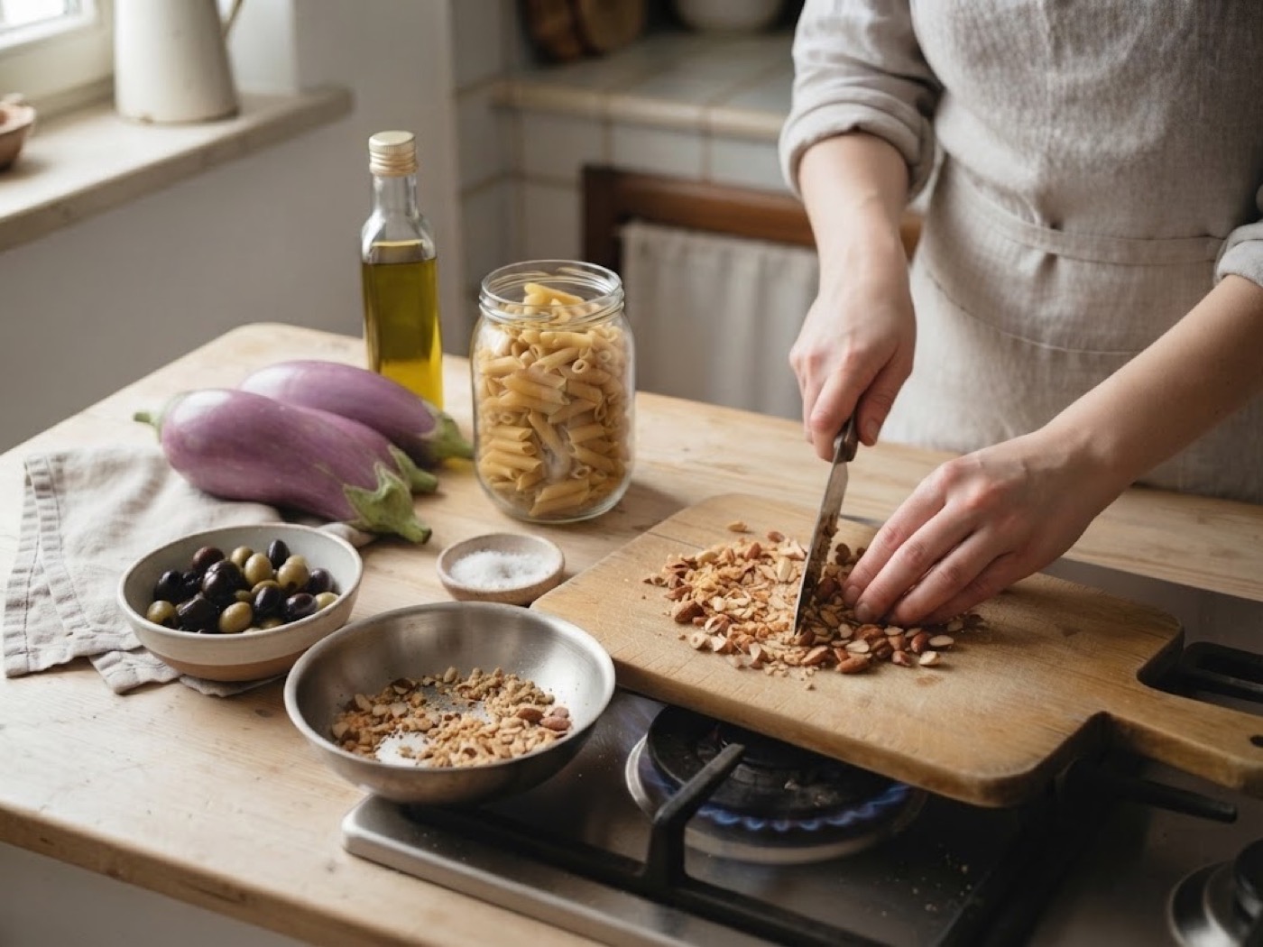 Pasta con melanzane, olive e mandorle, passaggio 3