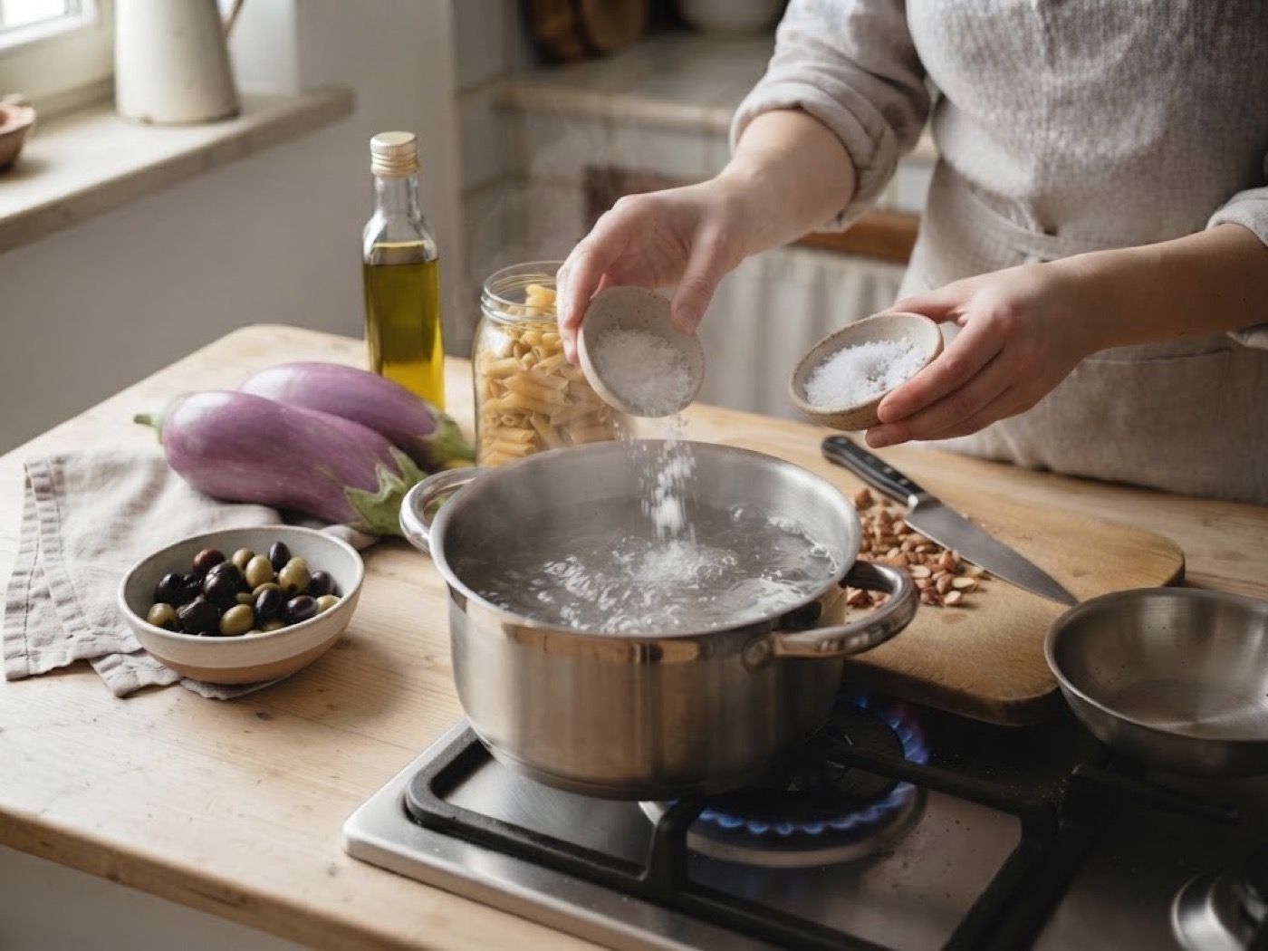 Pasta con melanzane, olive e mandorle, passaggio 4