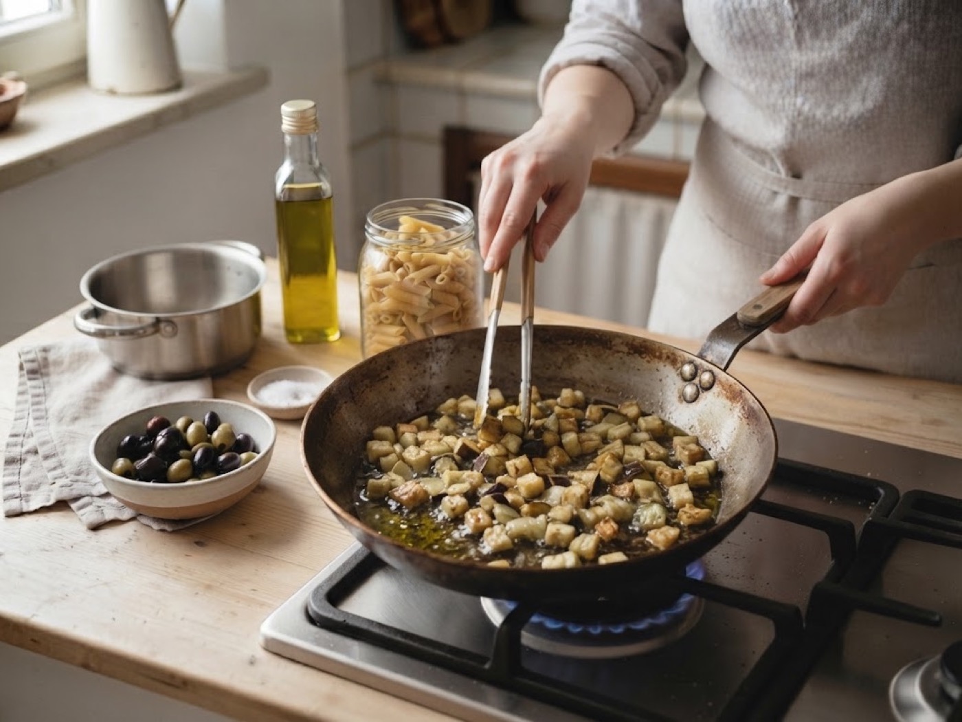 Pasta con melanzane, olive e mandorle, passaggio 5