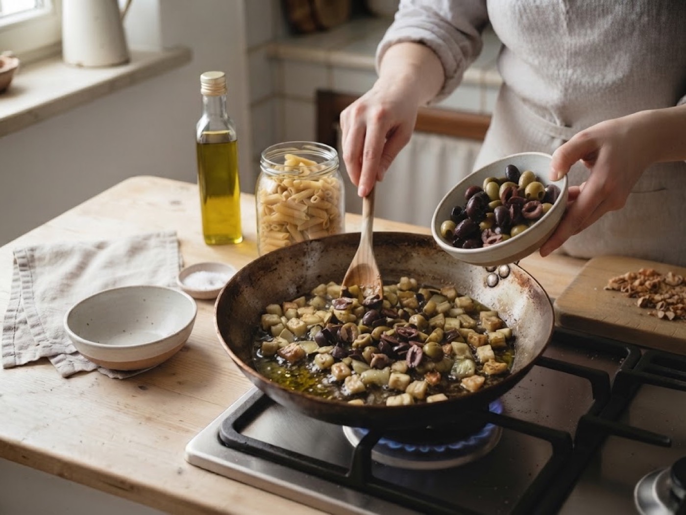 Pasta con melanzane, olive e mandorle, passaggio 6