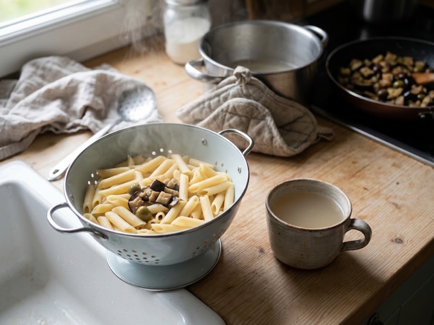 Pasta con melanzane, olive e mandorle, passaggio 7