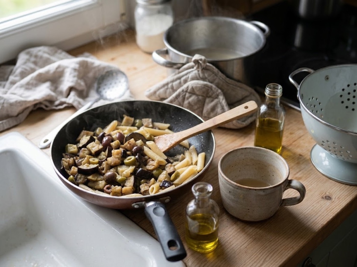 Pasta con melanzane, olive e mandorle, passaggio 8