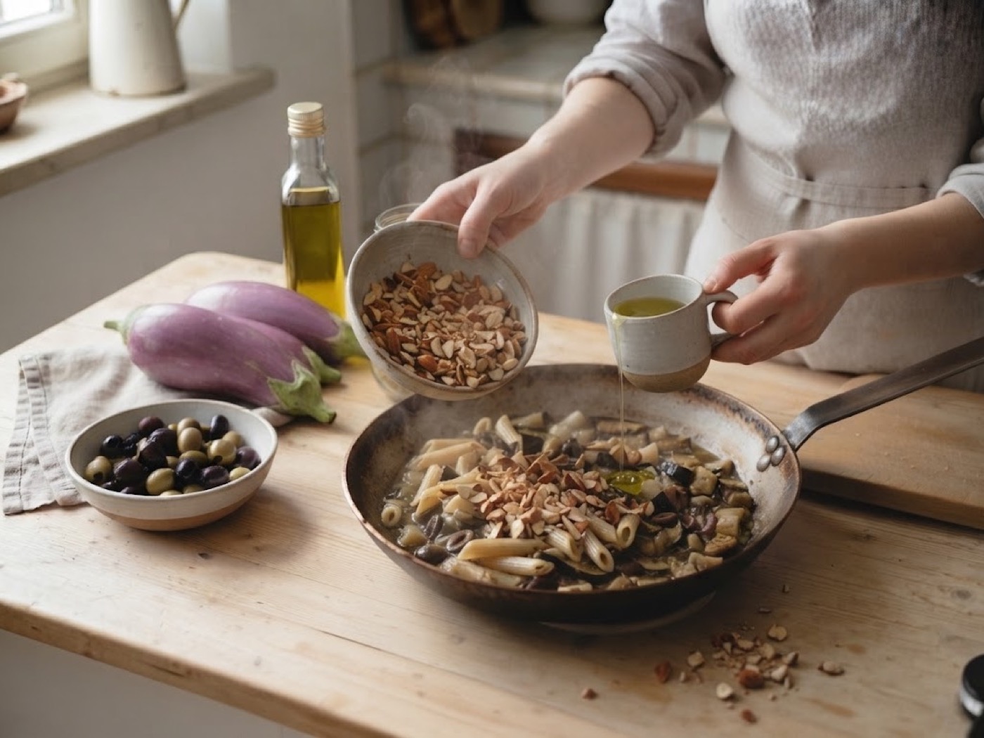 Pasta con melanzane, olive e mandorle, passaggio 9