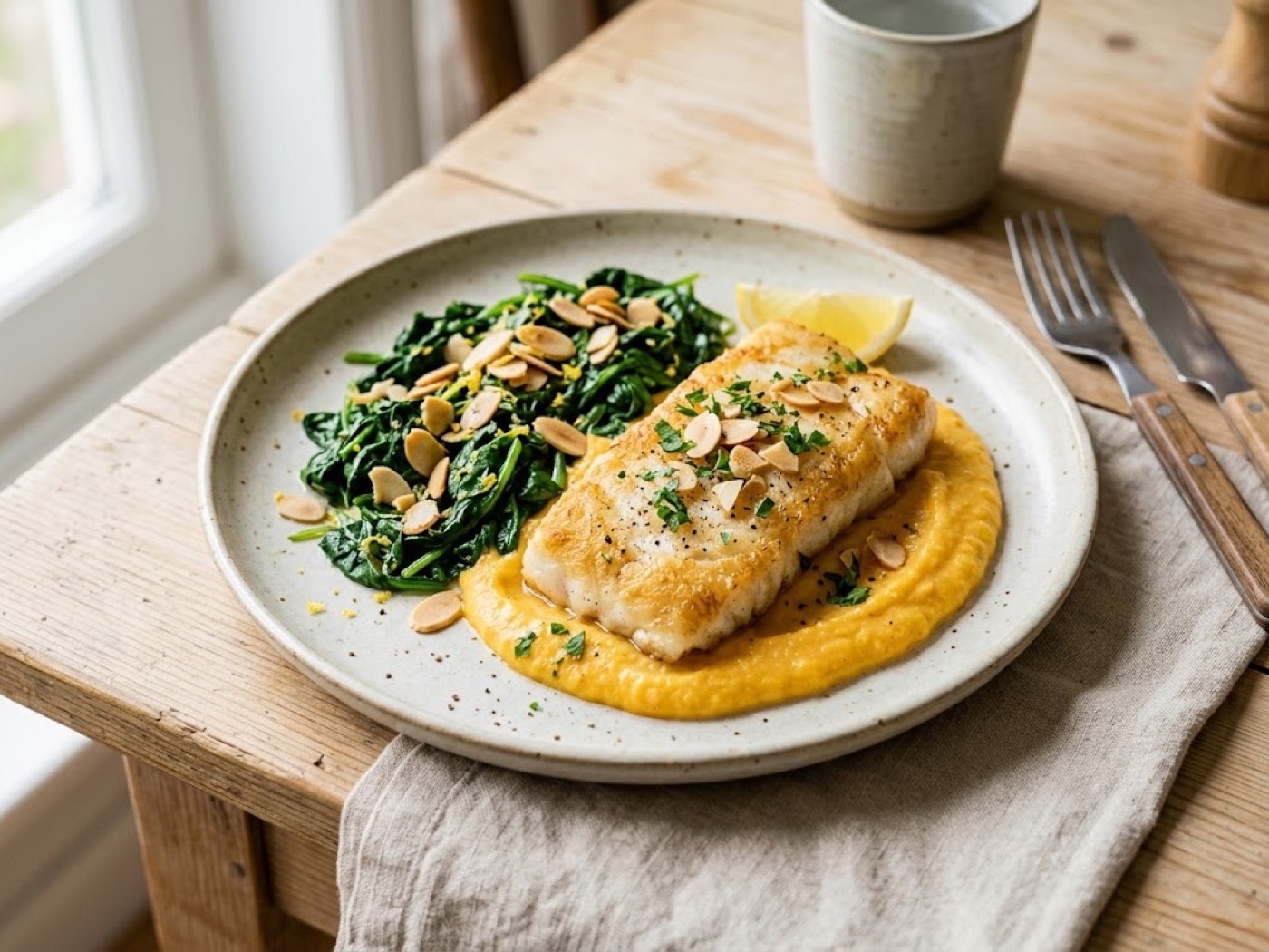 Merluzzo alla mugnaia con spinaci e puree di carote