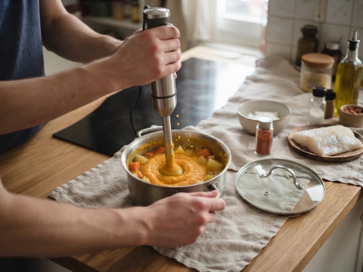 Merluzzo alla mugnaia con spinaci e puree di carote, passaggio 2