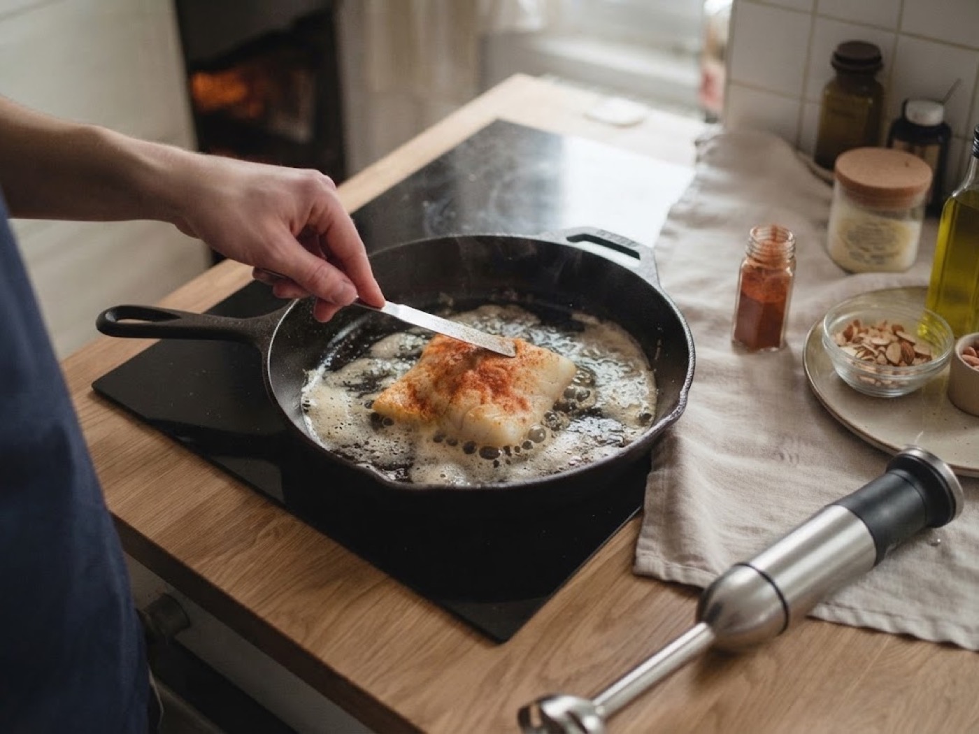 Merluzzo alla mugnaia con spinaci e puree di carote, passaggio 4